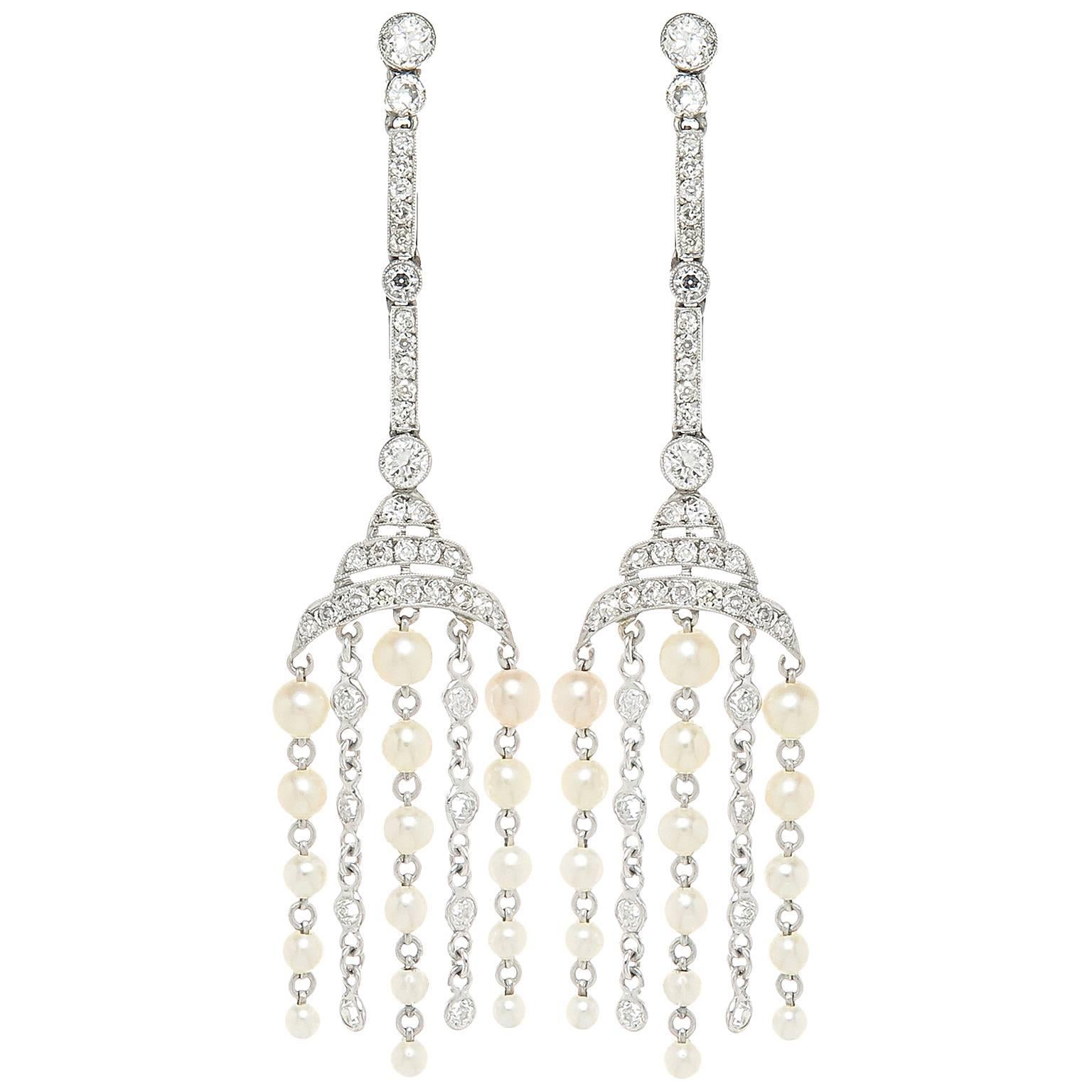 1920s Pearl Diamond Platinum Dangle Earrings 