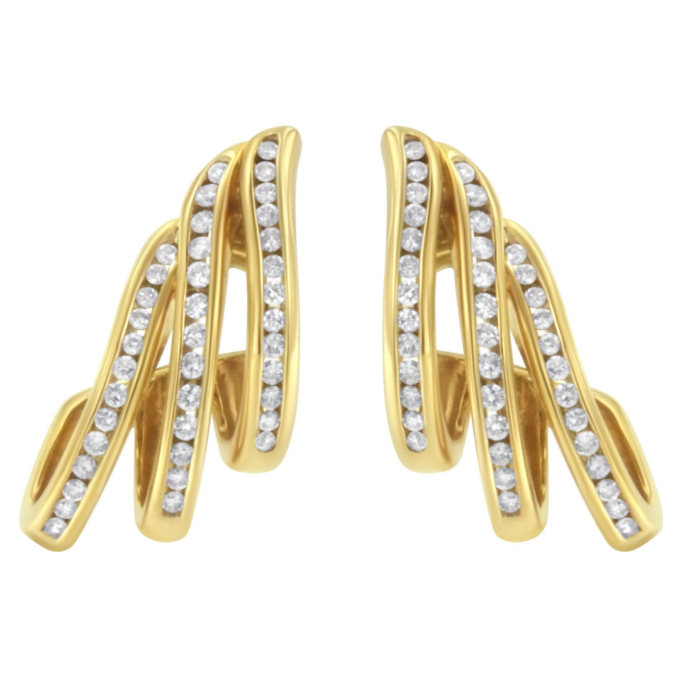 10K Yellow Gold 1.0 Carat Channel Set Diamond Spiral Multi Row Hoop Stud Earring For Sale