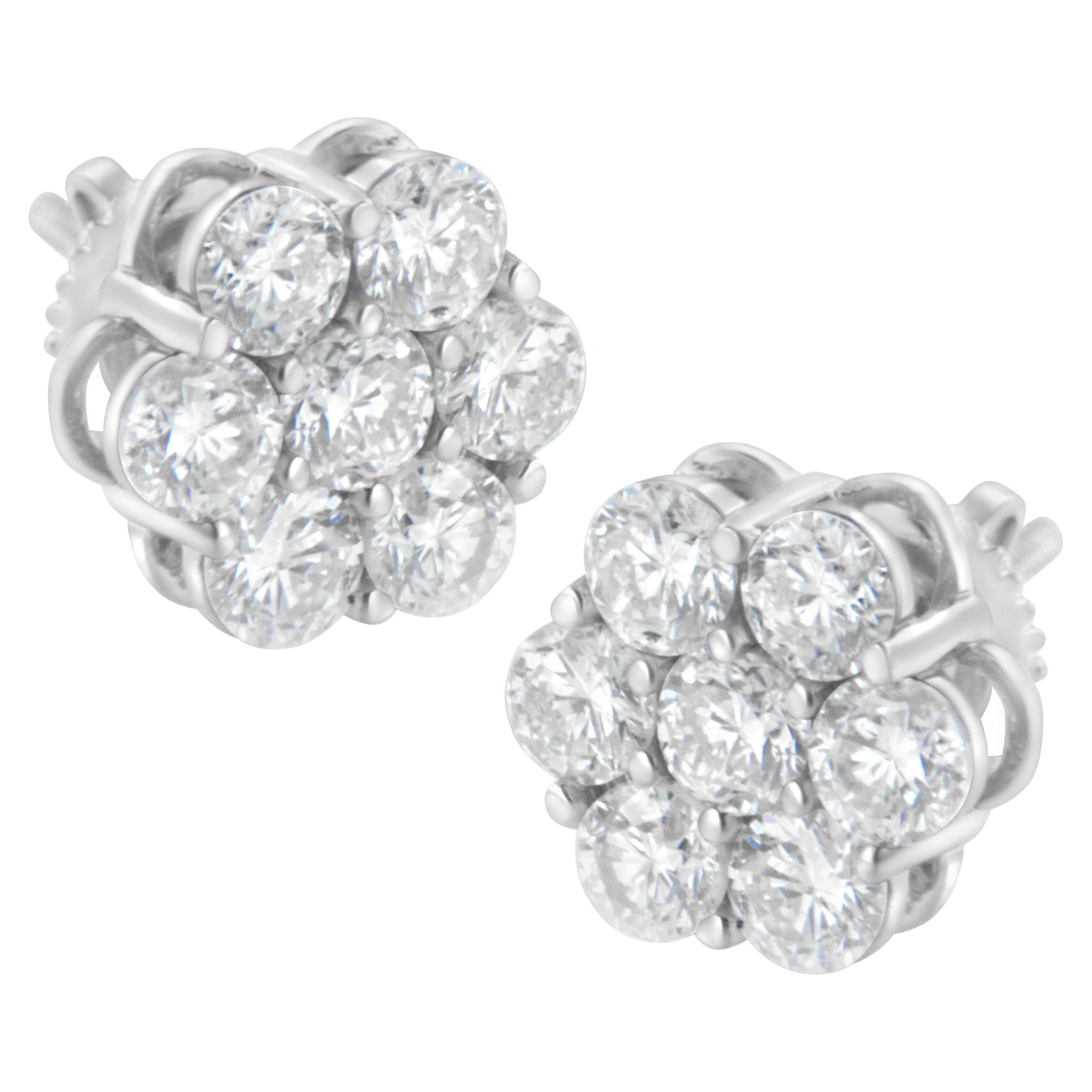 14K White Gold 2.0 Carat Round Diamond Floral Cluster Screwback Stud Earring