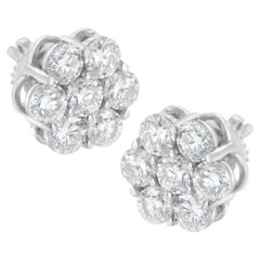 14K White Gold 2.0 Carat Round Diamond Floral Cluster Screwback Stud Earring