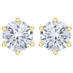 AGS Certified 14K Yellow Gold 2.0 Carat Round Solitaire Diamond Stud Earrings