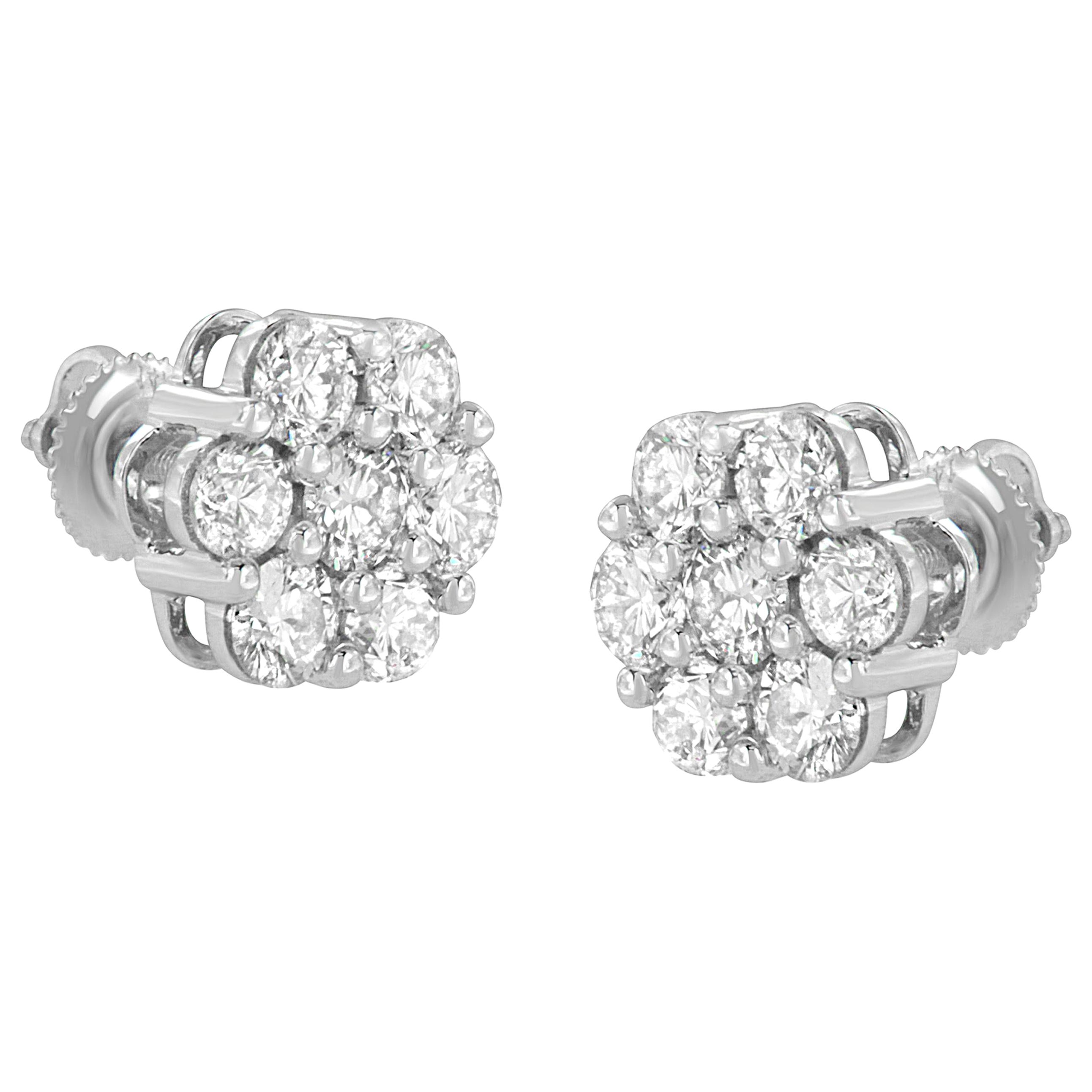 Clous d'oreilles en or blanc 14 carats avec grappe de diamants à fleurs taille ronde de 3,0 carats