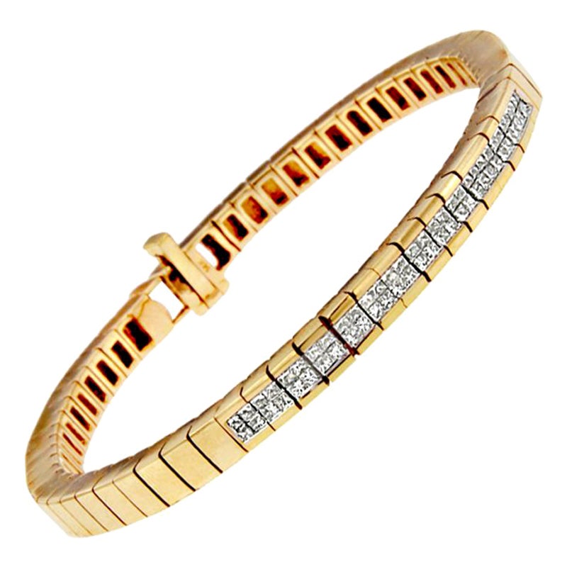 14K Yellow Gold 1 1/10 Carat Princess Cut Diamond Banded Bracelet For Sale