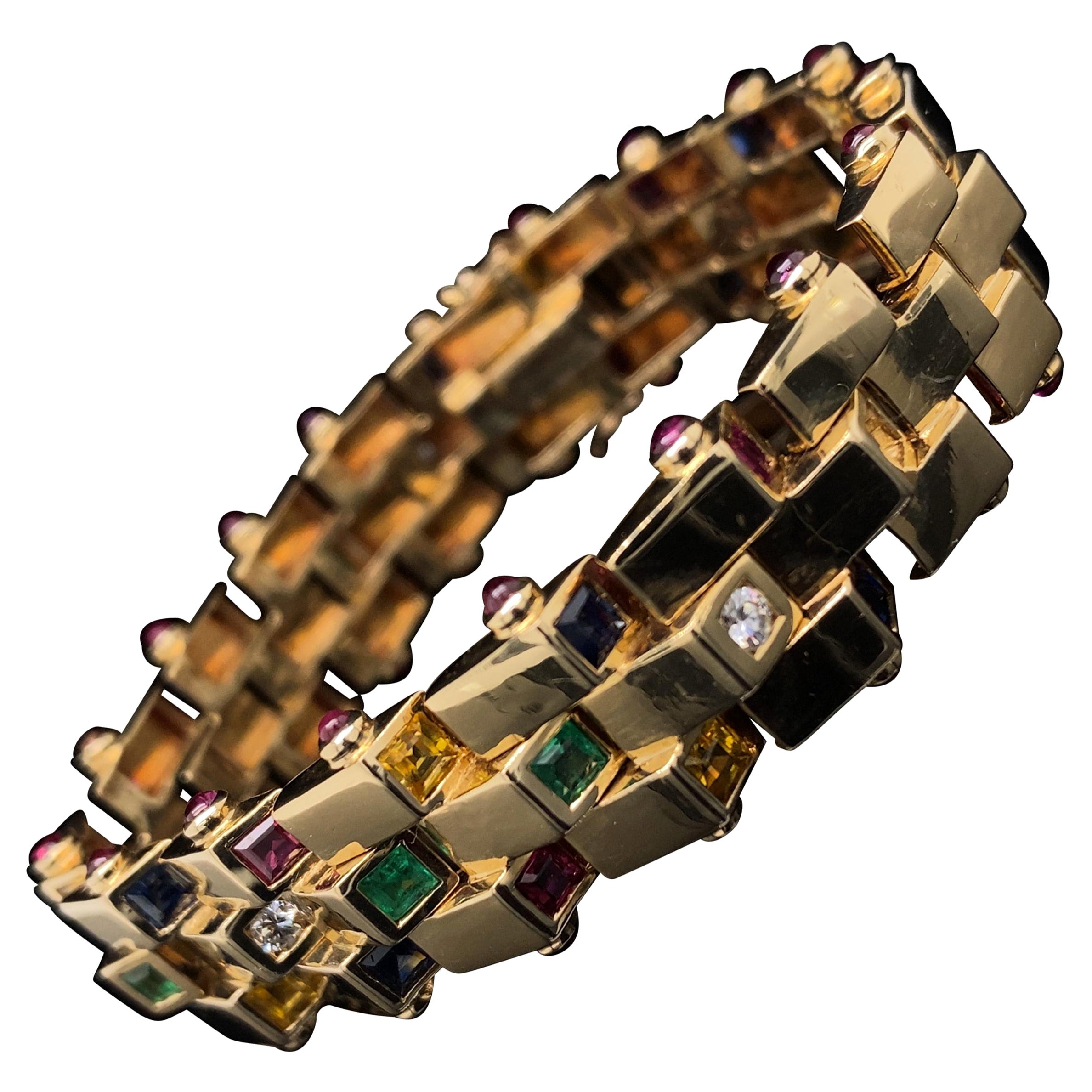 Vintage Diamond, Sapphire, Emerald Ruby Bracelet 18 Karat Yellow Gold Circa 1960 For Sale