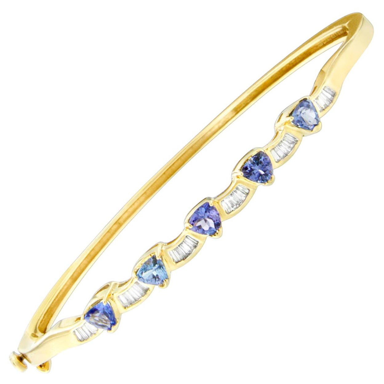 Bracelet jonc en or jaune 14 carats avec tanzanite et diamants taille baguette de 1/3 carat