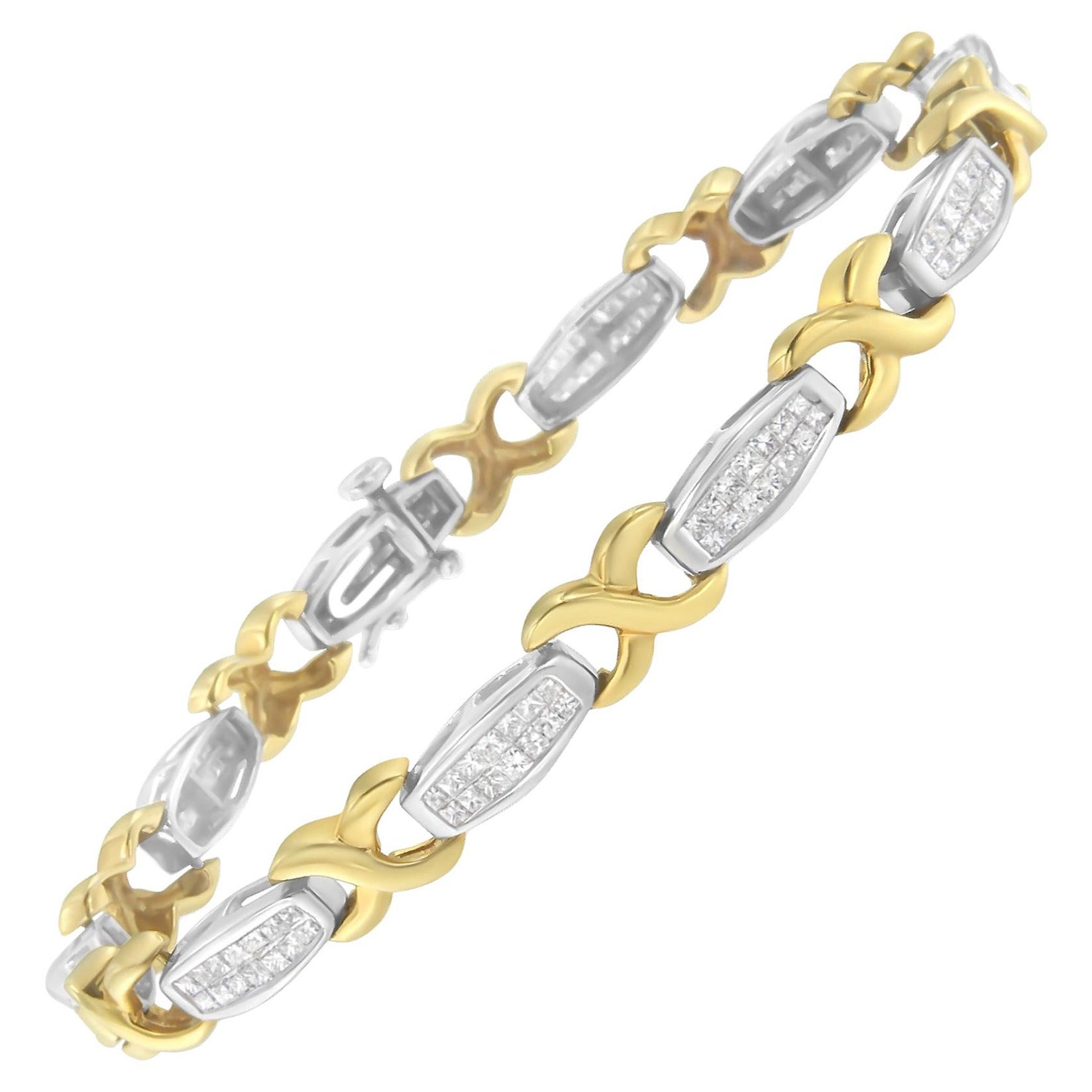 Bracelet tennis à maillons en forme de X en or bicolore 14 carats avec diamants 2,0 carats sertis invisibles