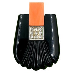 Art Deco Coral Diamond Black Onyx Pendant Necklace 14 Karat Gold Retro