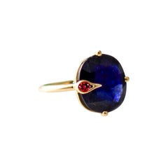 Eighteen Karat Yellow Gold Peacock Ring with Two Carats Blue Sapphire and Ruby