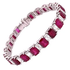 Natural 25.56 Carat Ruby / Natural Diamond Emerald Cut Tennis Bracelet