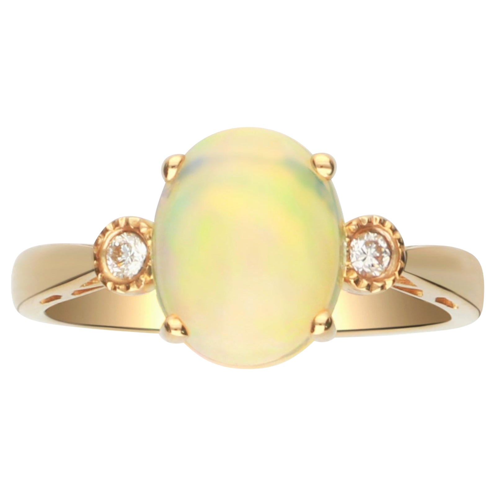 1.70 Carat Ethiopian Opal Oval Cab Diamond Accents 10K Yellow Gold Ring For Sale