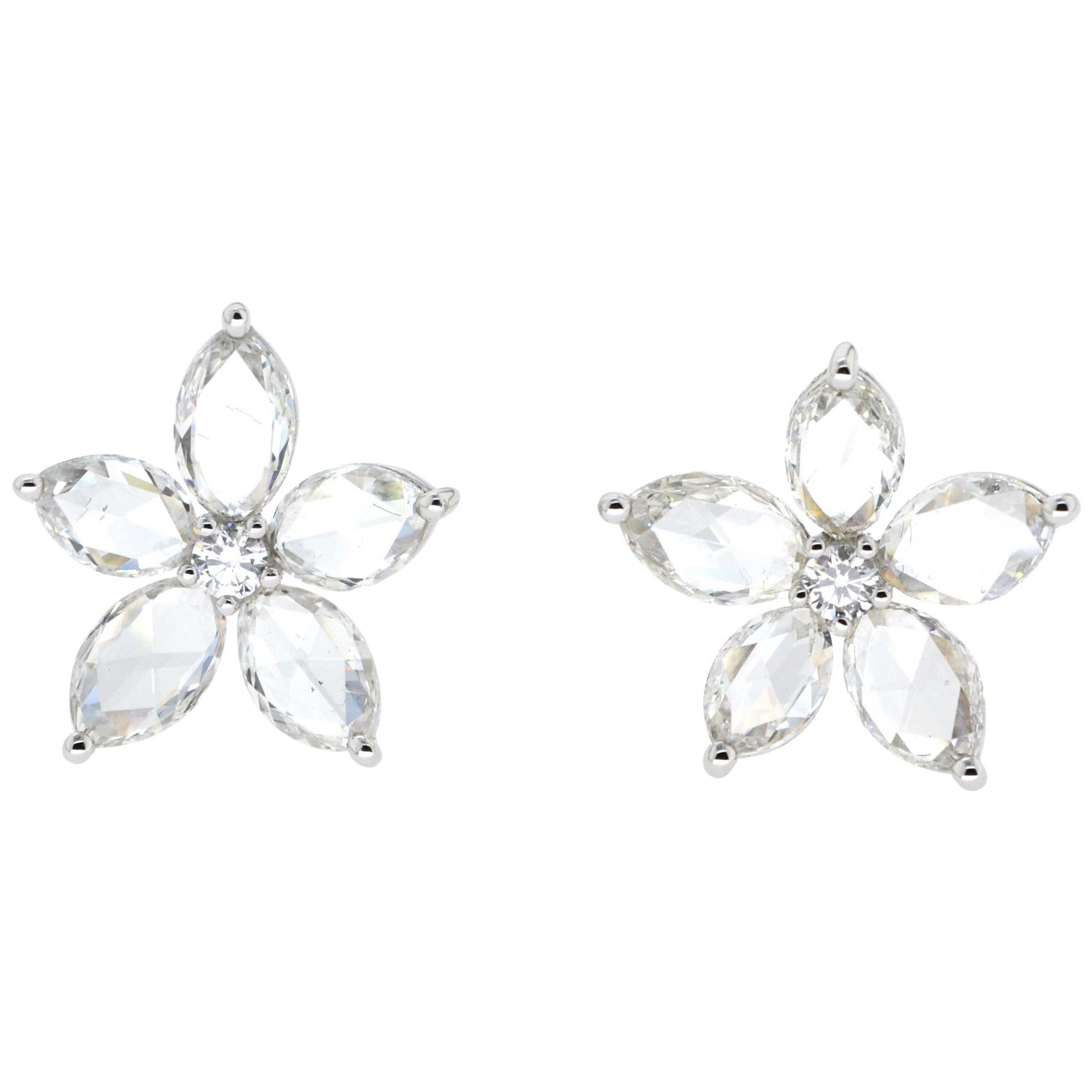 JR Boucles d'oreilles fleur en or blanc 18 carats avec diamants taille rose de 2,17 carats