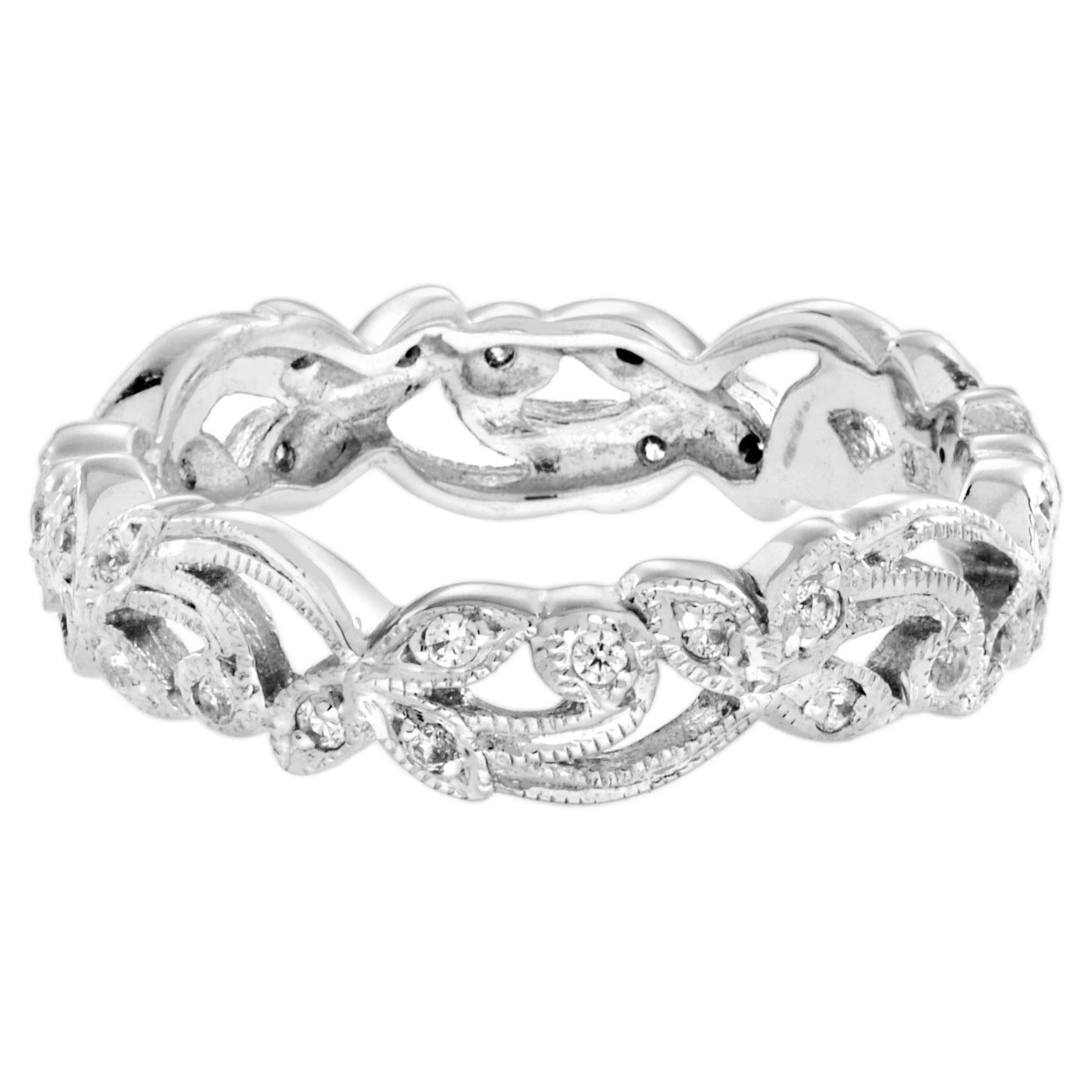 For Sale:  Filigree Diamond Eternity Band Ring in 18K White Gold