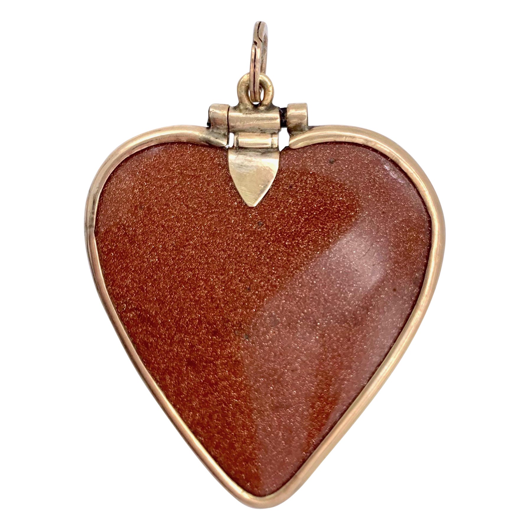 Antique George IV Aventurine Glass Heart Pendant Necklace Silver Guilt For Sale