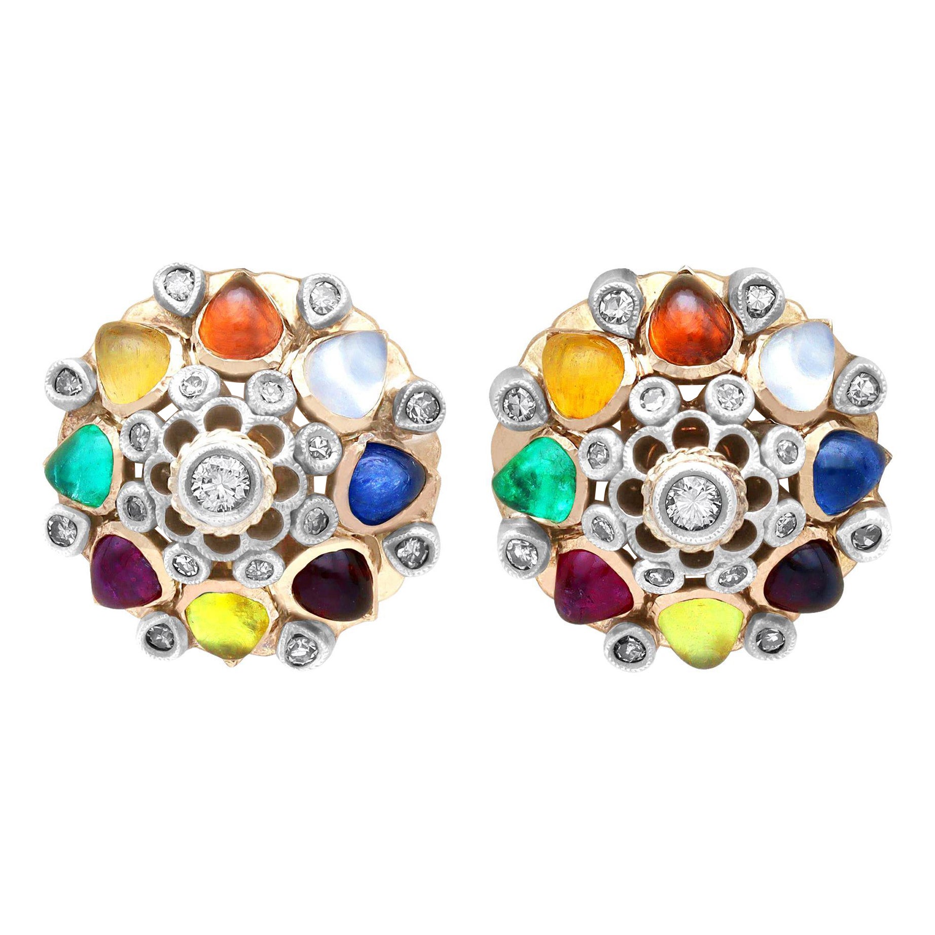 Antique Gemstone and 0.48 Carat Diamond Yellow Gold Cluster Earrings For Sale