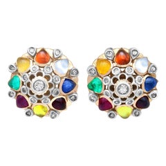 Antique Gemstone and 0.48 Carat Diamond Yellow Gold Cluster Earrings