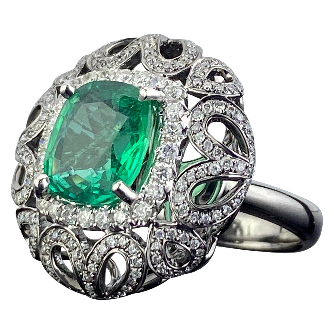 4.97 Carat Cushion Cut Zambian Emerald and Diamond Cocktail Ring For Sale