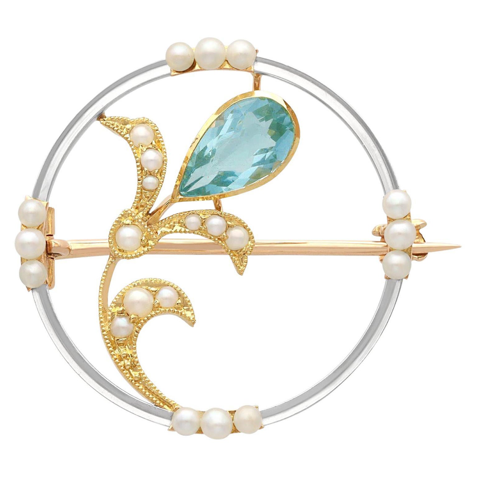 Antique Art Nouveau Aquamarine and Pearl Yellow Gold Brooch For Sale