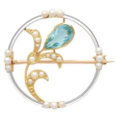 Antique Art Nouveau Aquamarine and Pearl Yellow Gold Brooch