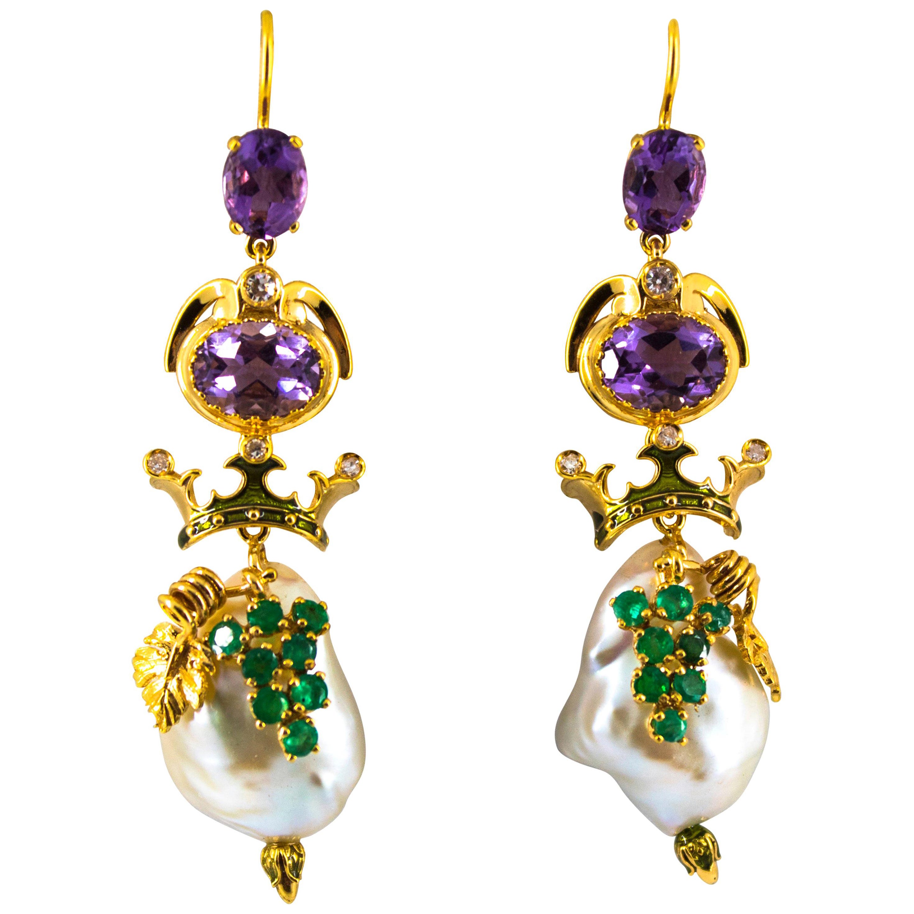 Tropfenohrringe im Jugendstil, Smaragd, Amethyst, Perle, Weißer Diamant, Gelbgold