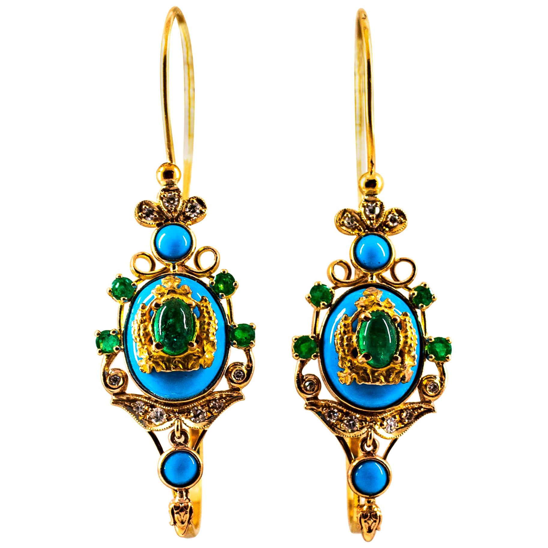 Klappbrisur-Ohrringe im Jugendstil mit weißen Diamanten, Smaragden und Türkisen aus Gelbgold