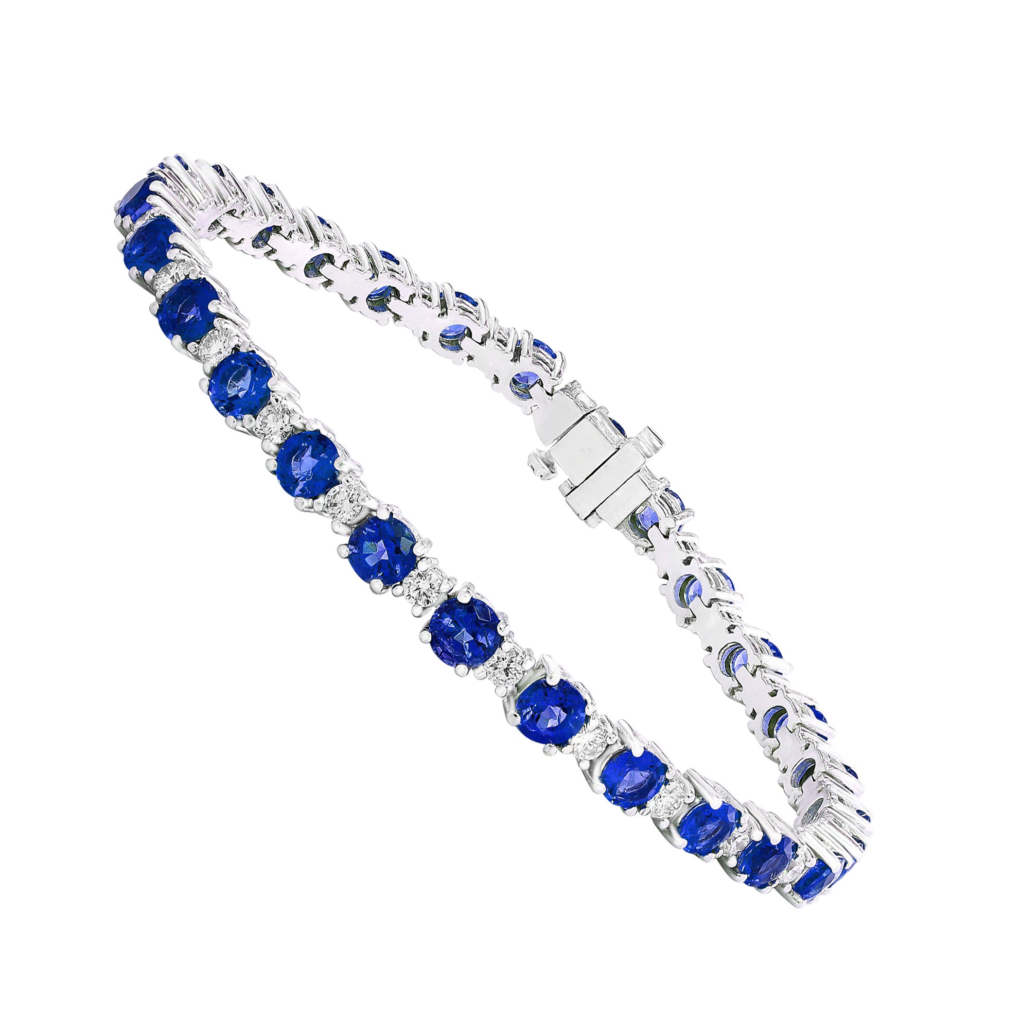 Bracelet tennis en or blanc 14 carats avec saphirs bleus et diamants de 8,13 carats