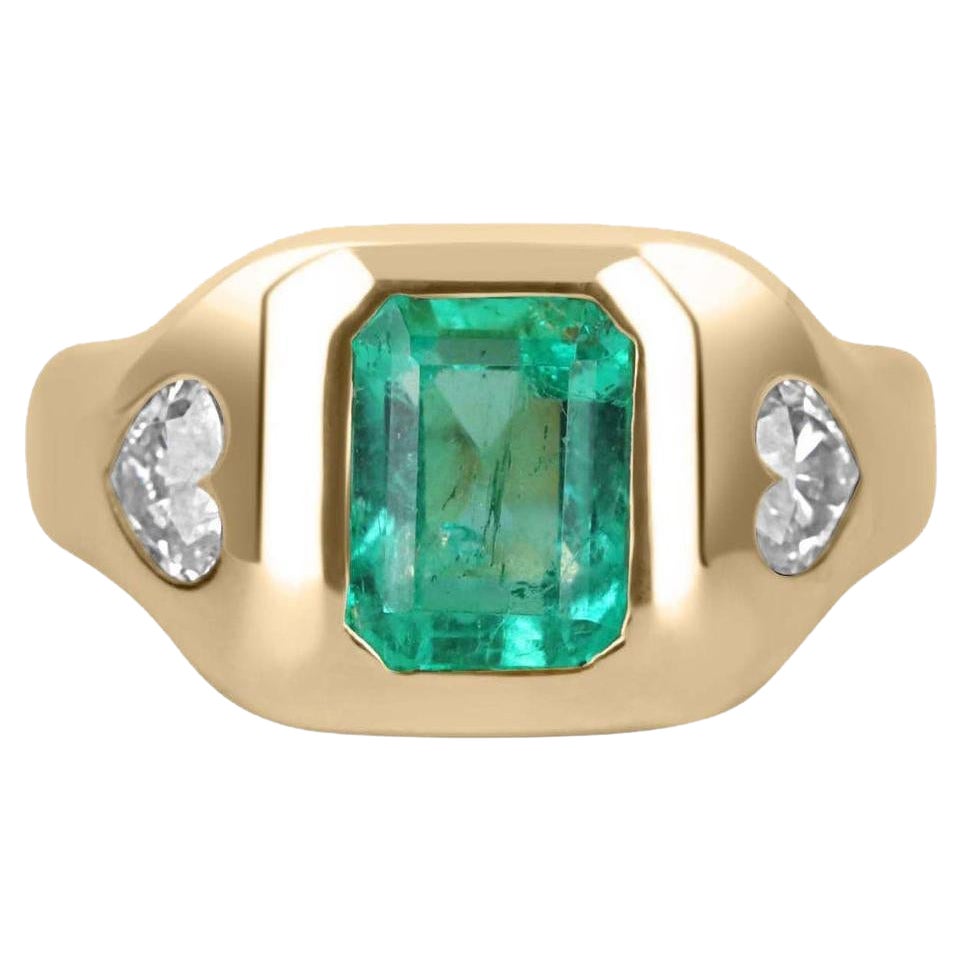 2.15tcw 14K Three Stone Emerald & Heart Diamond Gypsy Gold Ring