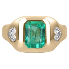 2.15tcw 14K Three Stone Emerald & Heart Diamond Gypsy Gold Ring (bague en or tzigane à trois pierres, émeraude et diamant)