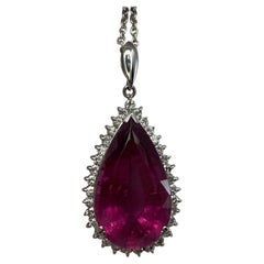 Vintage 12.84ct Rubellite Pink Tourmaline & Diamond Pear Cut Platinum Pendant Necklace