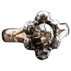 Antique Georgian Rose Cut Diamond Navette Ring, 9k Rose Gold and Silver 