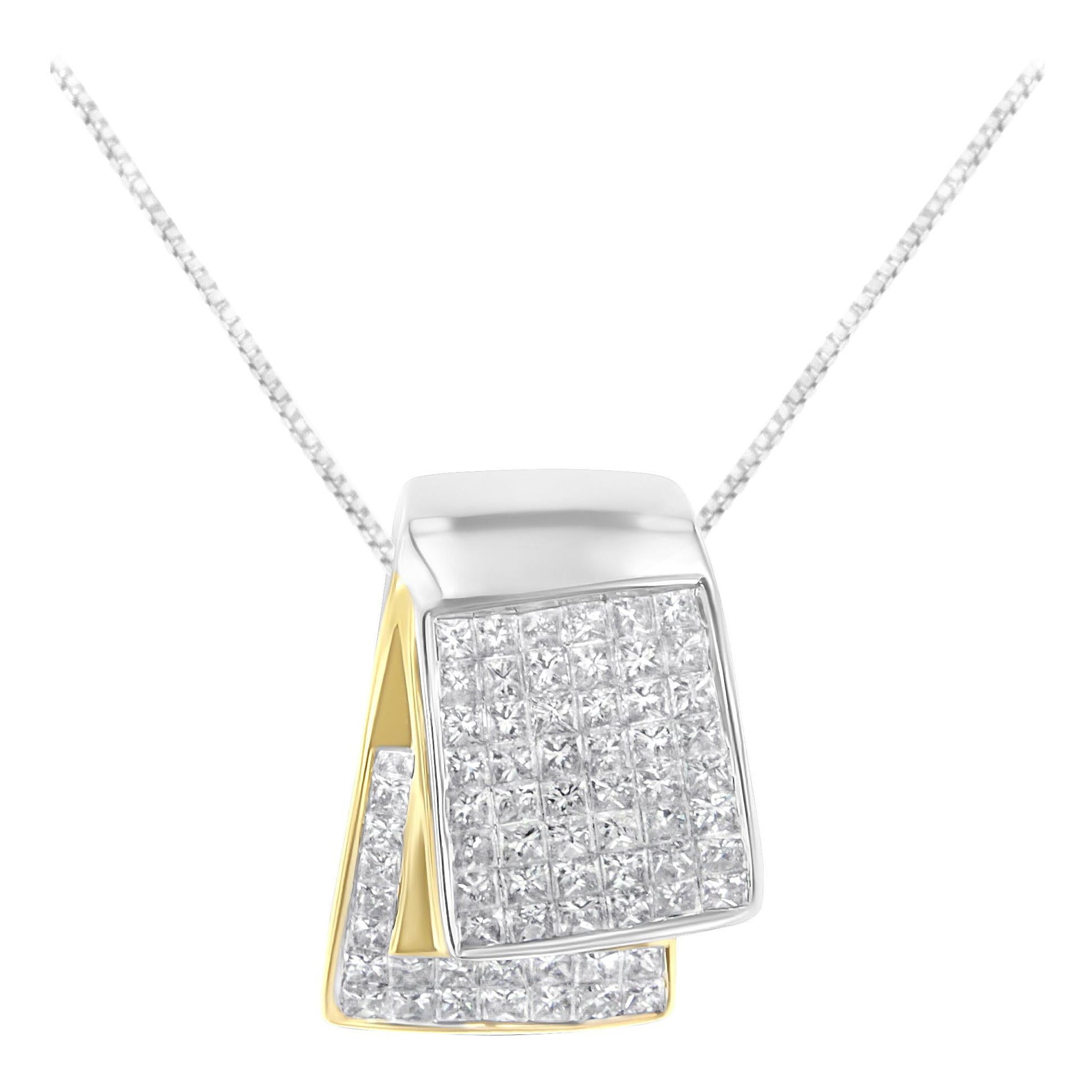 Collier pendentif en or bicolore 14 carats avec boîte en diamants de 2,0 carats en vente