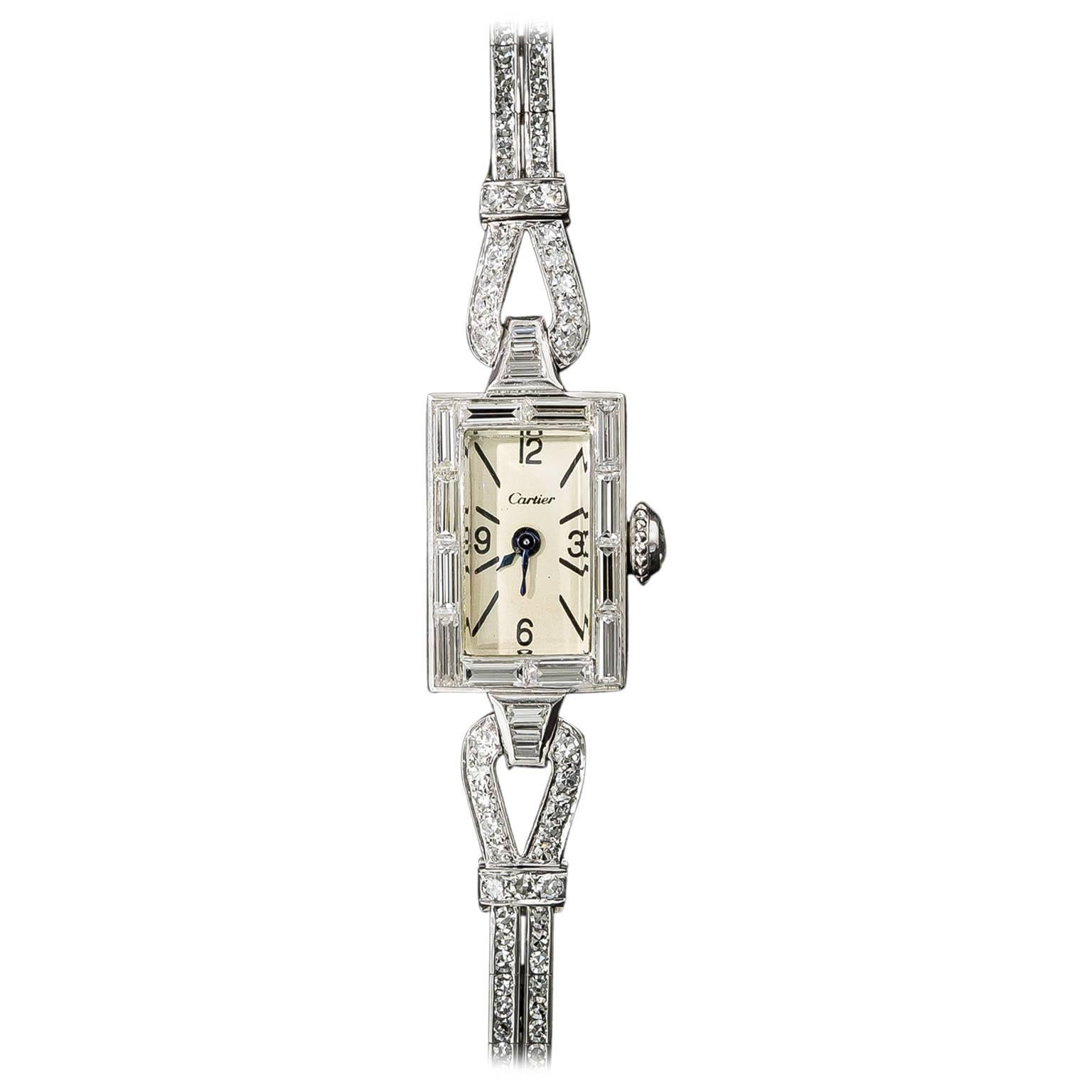 Cartier Lady's Platinum Diamond Bracelet Wristwatch For Sale