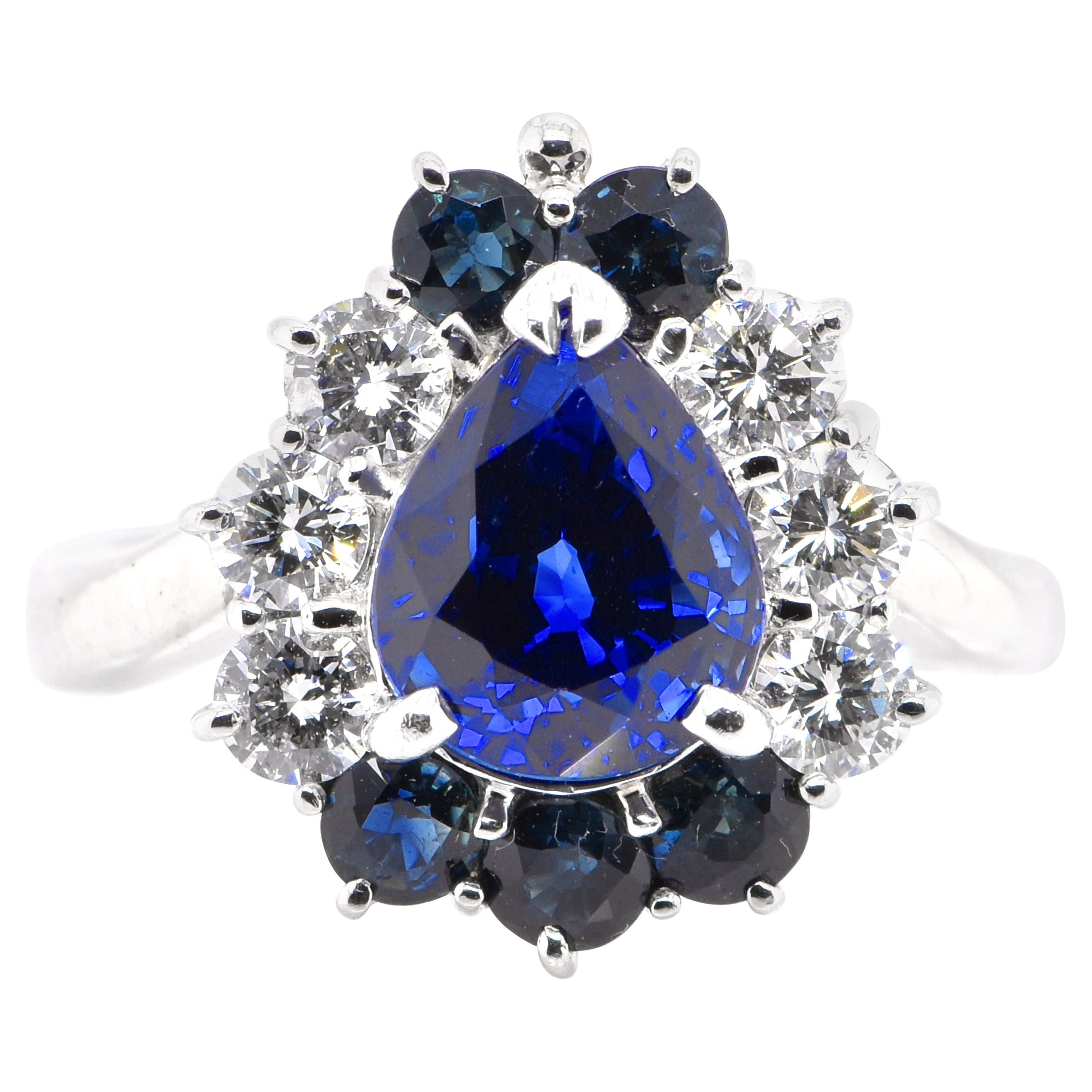 3.49 Carat Natural Blue Sapphire and Diamond Halo Ring Set in Platinum