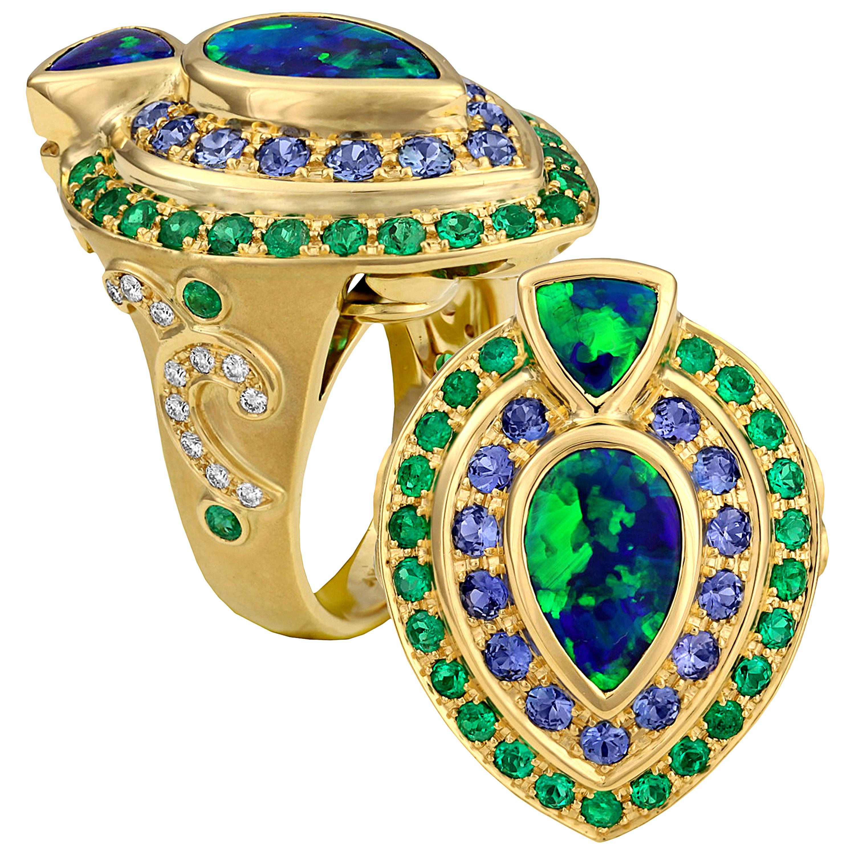 Crevoshay Black Opal Sapphire Emerald Diamond Gold Ring For Sale