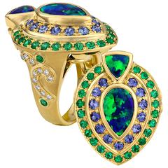 Crevoshay Black Opal Sapphire Emerald Diamond Gold Ring