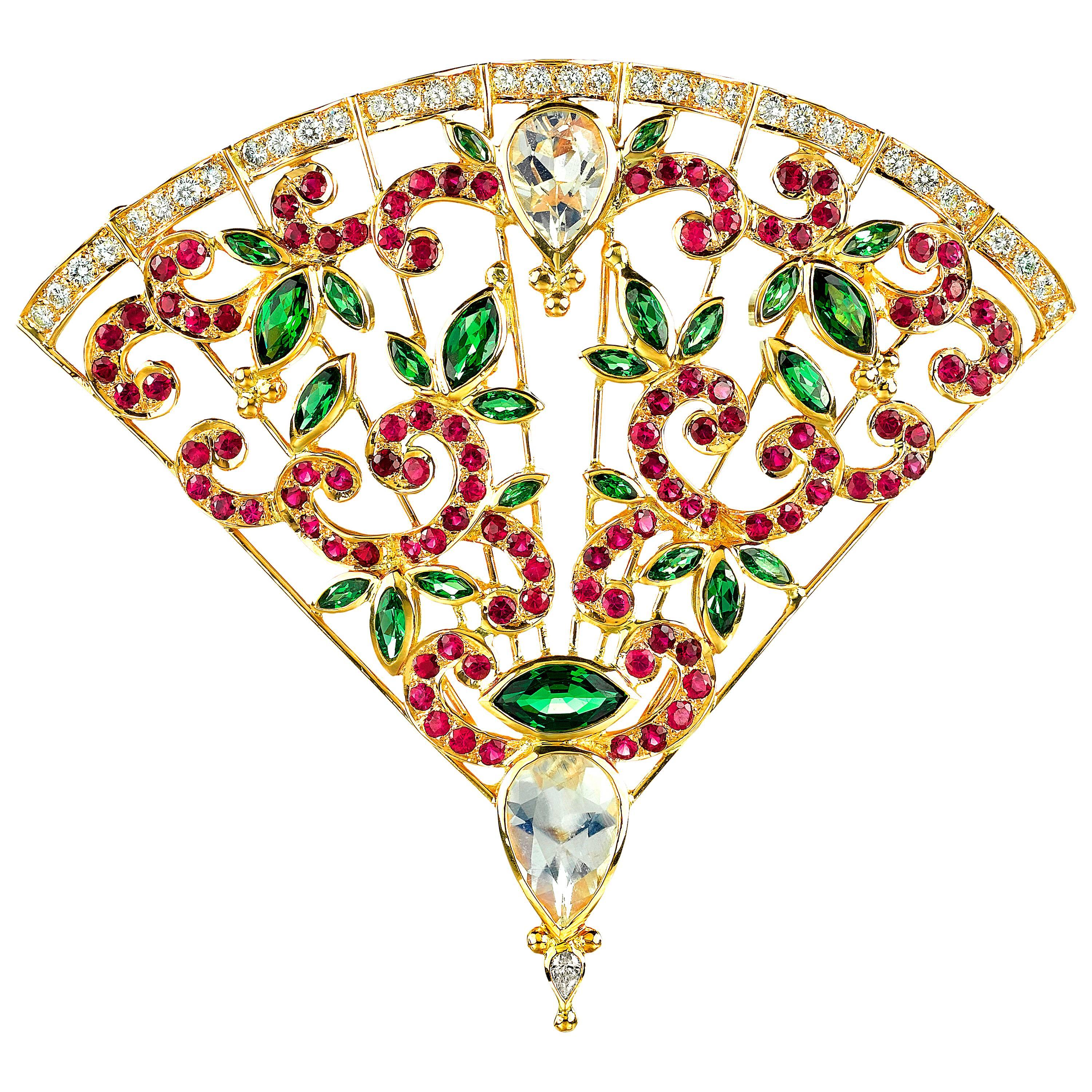 Crevoshay Tsavorite Moonstone Ruby Diamond Gold Fan Pendant For Sale