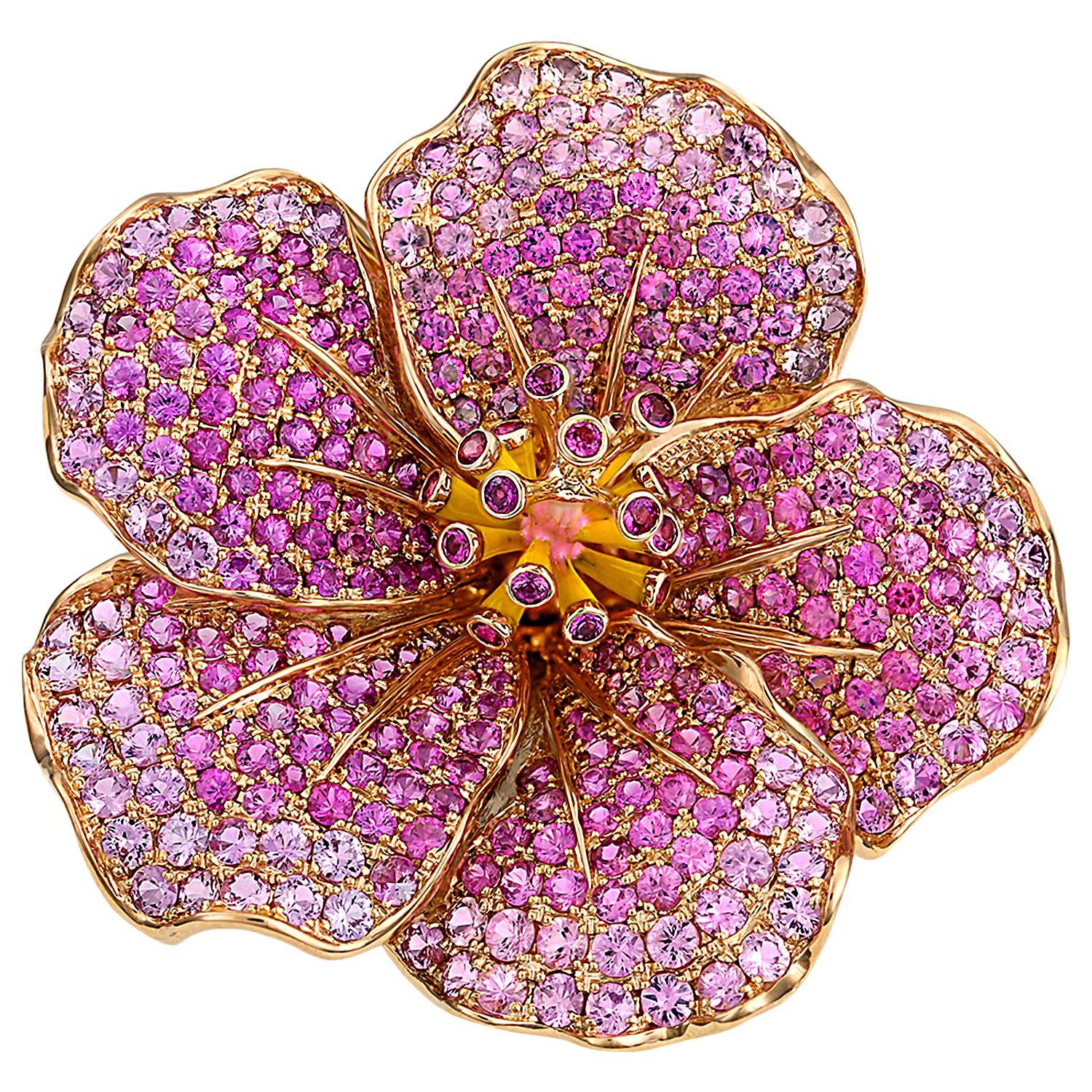 Crevoshay Sapphire Gold Hibiscus Flower Brooch For Sale