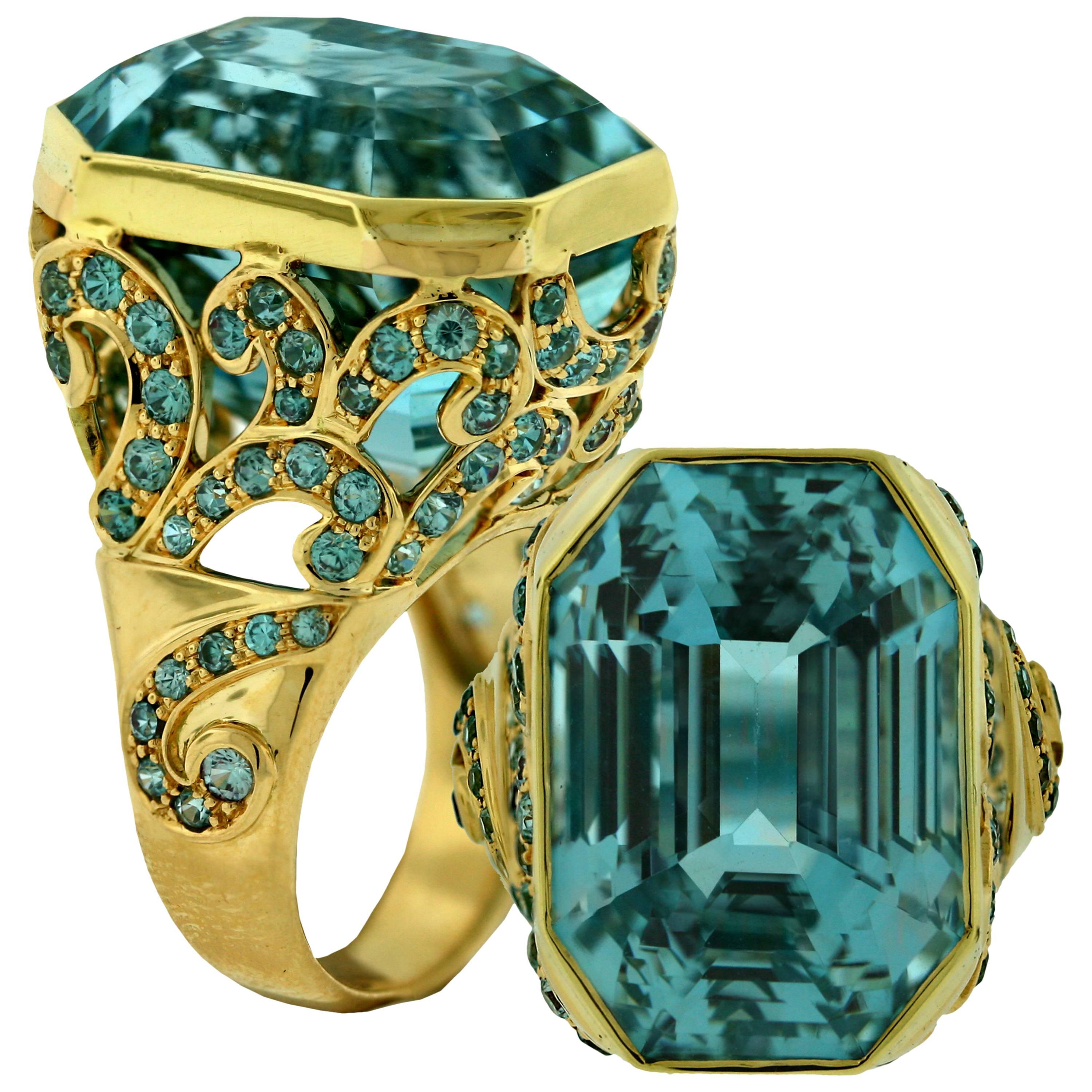 Crevoshay Aquamarine Blue Zircon Diamond Gold Ring For Sale