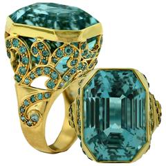 Crevoshay Aquamarine Blue Zircon Diamond Gold Ring