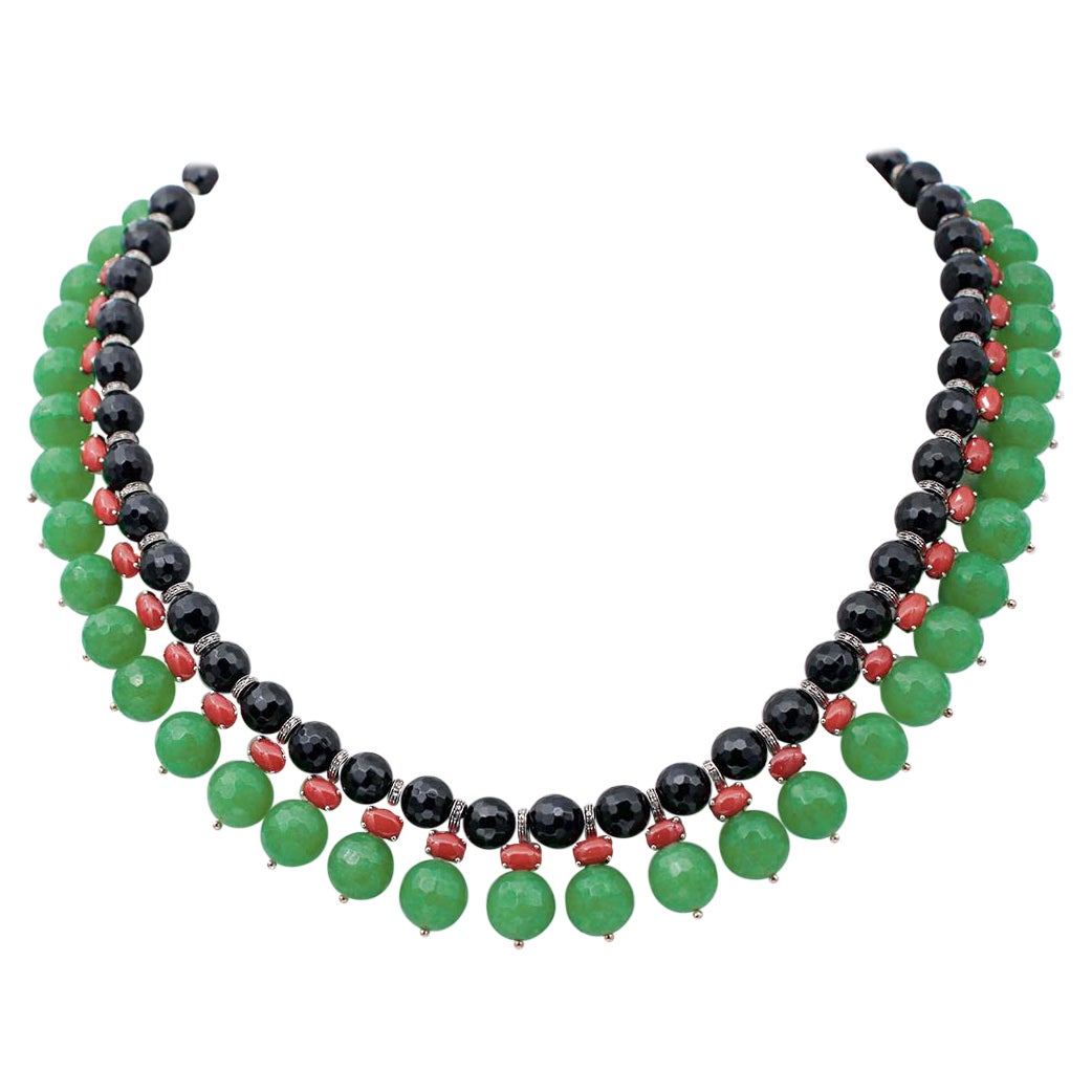 Green Agate, Coral, Diamonds, Onyx, 9 Karat Rose Gold and Silver Necklace For Sale