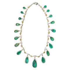 60.86 Carats, Pear Shaped, Natural Zambian Emerald & Diamonds Drop Necklace Set