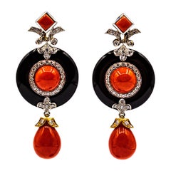 Art Deco Style Mediterranean Red Coral White Diamond Onyx White Gold Earrings