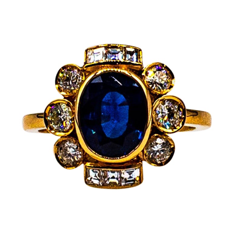 Art Deco Style White Diamond Blue Oval Cut Sapphire Yellow Gold Cocktail Ring For Sale