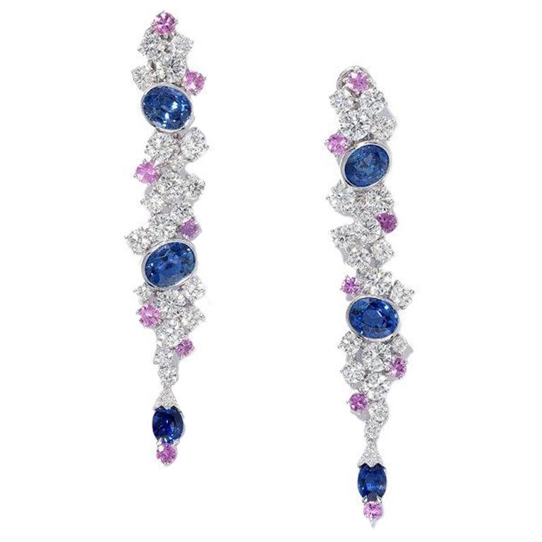 David Morris Platinum White Diamond and Sapphire Cluster Drop Earrings For Sale