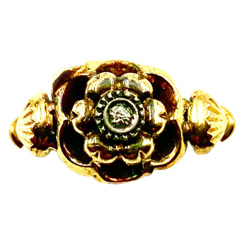 Antique Georgian Rose Ring, 14K Rose Gold, Diamond, Sea Scallop Design Detail For Sale