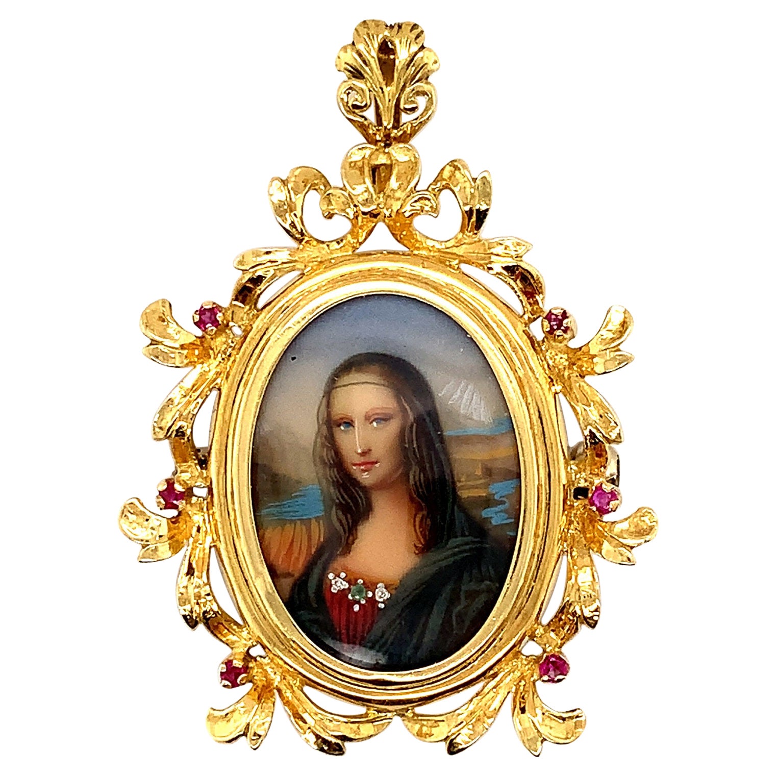 18k Yellow Gold Hand Painted Portrait Pin Mona Lisa For Sale