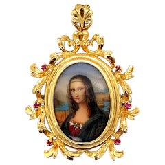 18k Yellow Gold Hand Painted Portrait Pin Mona Lisa