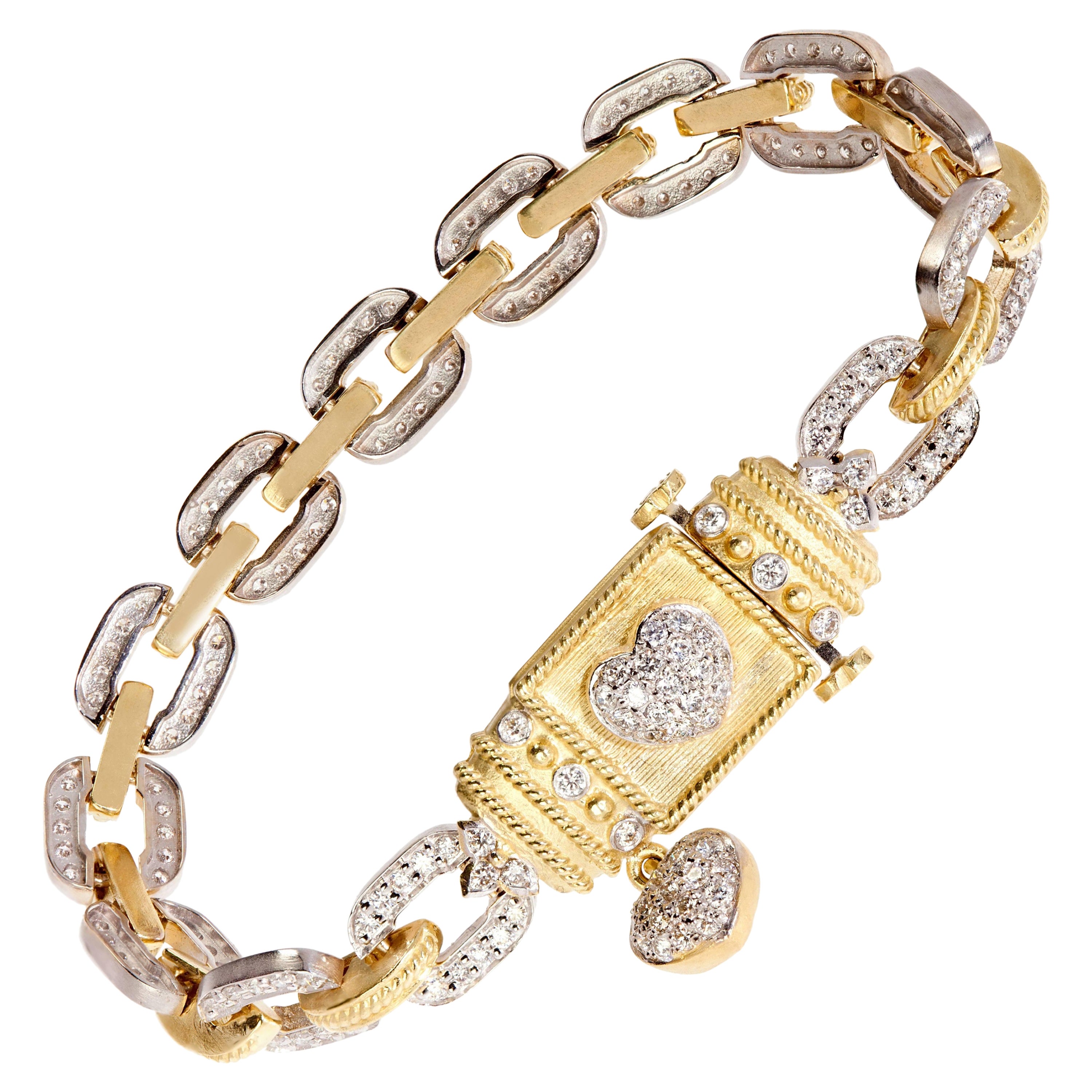 Stambolian 18 Karat Yellow White Two Tone Gold Diamond Link Bracelet with Hearts For Sale