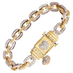 Stambolian 18 Karat Yellow White Two Tone Gold Diamond Link Bracelet with Hearts