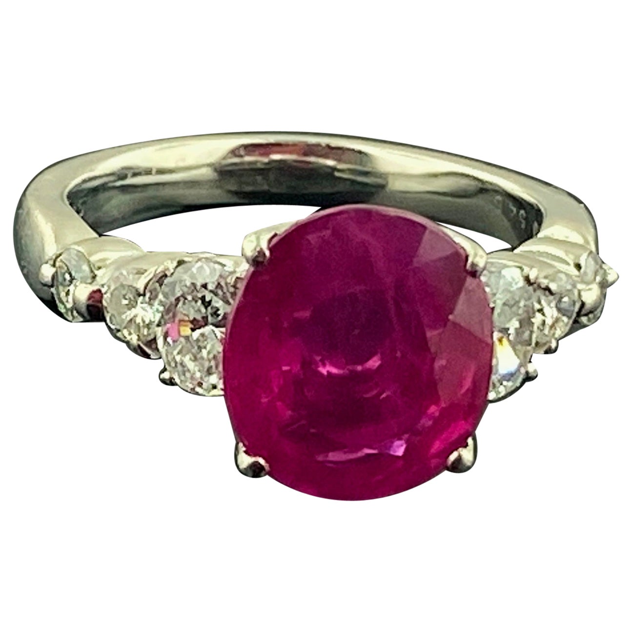 Vivid Pink 3.78CT Oval Cut Ruby With Fancy Shape CZ Three Stone Women Fine Ring 
