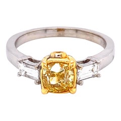 Alexander GIA Certified 1ct Fancy Intense Yellow Diamond Three Stone Ring 18k 